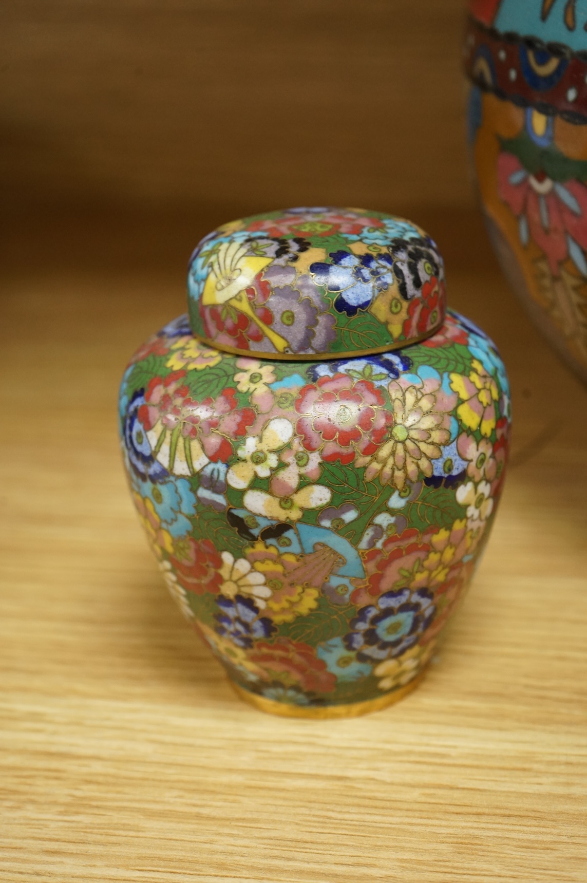 A large Japanese cloisonné enamel globular Koro and Cover, and three other pieces of cloisonné enamel, largest 211cm high